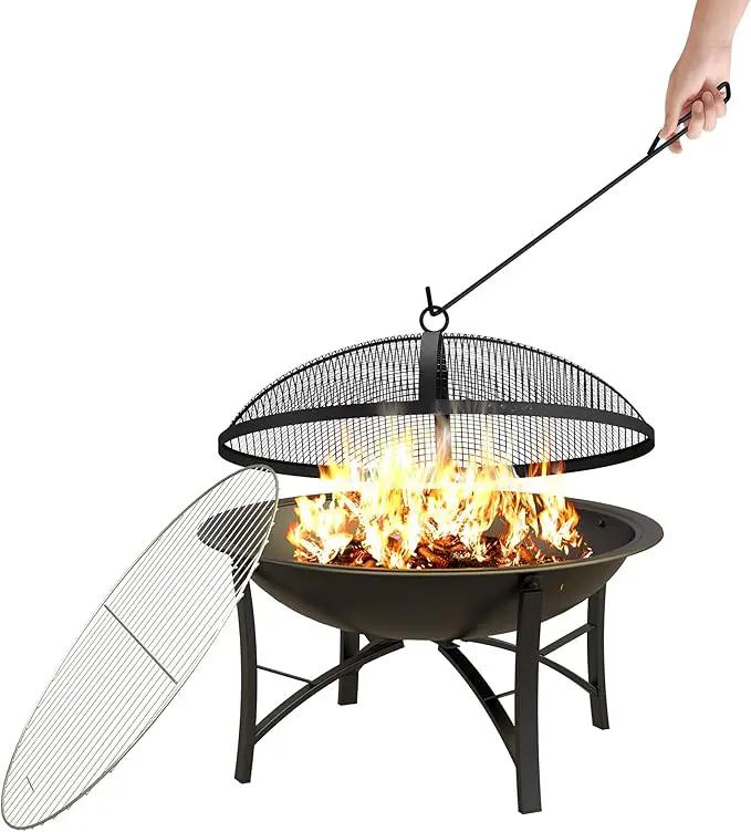 Fire Beauty Fire Pit for Outside Wood Burning,BBQ Grill Steel Fire Bowl with Cooking Grate,Spark Screen Cover,Log Grate,Poker for Camping Beach Bonfire Picnic Backyard Garden by GreenHaven Gardens