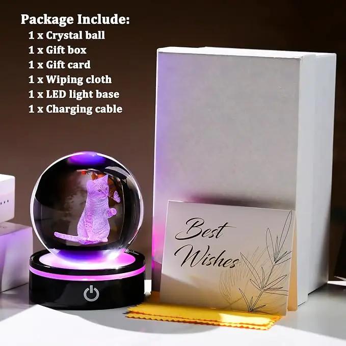YWHL 3D Crystal Ball Cat Gifts for Women Cat Lover for Christmas Birthday, Laser Cat and Butterfly Figurine with LED Base, Cat Ornament Glass Decorative Ball Globe Night Light for Home Decor (80mm) by GreenHaven Gardens