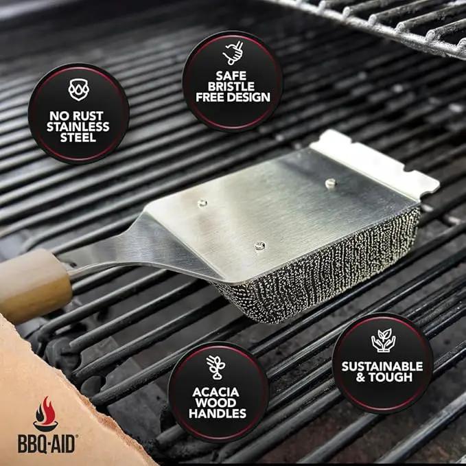 BBQ-AID Bristle Free Grill Brush and Scraper for Barbecue - Extended Large Wooden Handle With Replaceable Head - No Scratch BBQ Cleaning Accessories for Outdoor Grills by GreenHaven Gardens