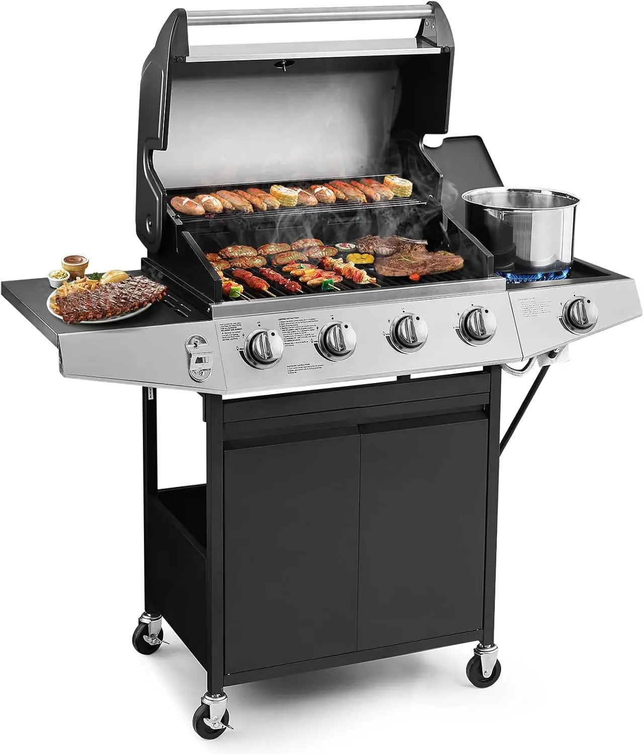 4 Burners Gas Grill with Side Burner, Propane Grill with Wheels and Storage, Outdoor Gas BBQ with Oil Tray and Thermometer for Patio and Party, 49200 BTU by GreenHaven Gardens