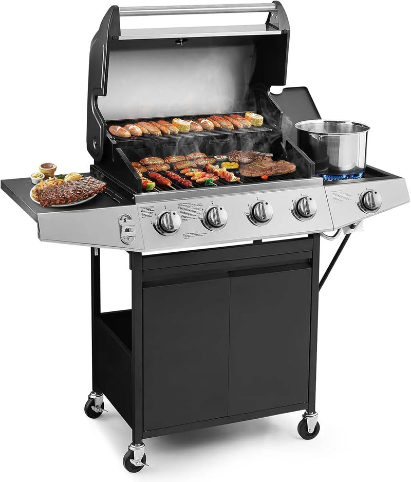4 Burners Gas Grill with Side Burner, Propane Grill with Wheels and Storage, Outdoor Gas BBQ with Oil Tray and Thermometer for Patio and Party, 49200 BTU by GreenHaven Gardens