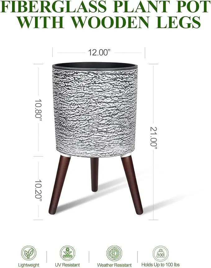 12 Inches Plant Pots with Stand Mid Century Flower Pots with Wood Legs Large Mode Cylinder Planter with Drainage Holes for Indoor Plants,Garden,Decorative-Grey by GreenHaven Gardens