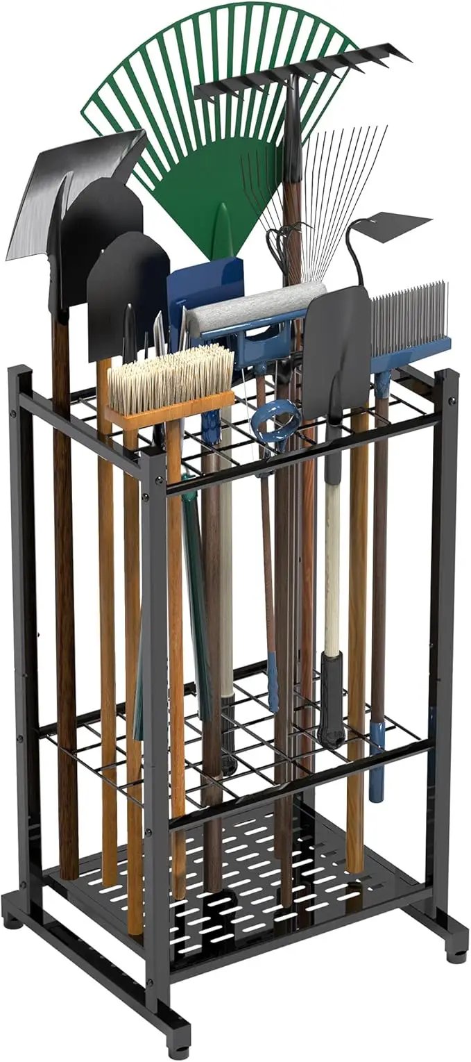 Garden Tool Organizer, Yard Tool Tower Rack for Garage Organization and Storage, Up to 35 Long-Handled Tools/Rakes/Brooms, Heavy Duty Steel Garden Tool Stand for Shed, Outdoor, Black by GreenHaven Gardens