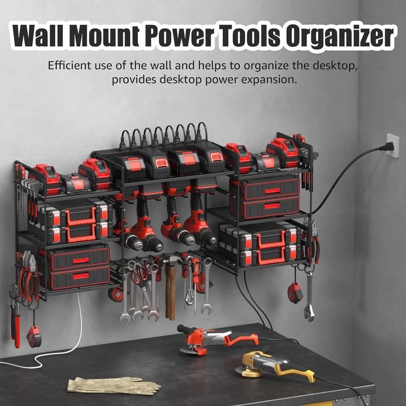 CCCEI Black Power Tool Organizer Wall Mount, Large Tools and Battery Storage Rack Charging Station Individual Switches. Drills Holder, Garage Utility Shelves with 6FT Power Strip. Gift for Men. by GreenHaven Gardens
