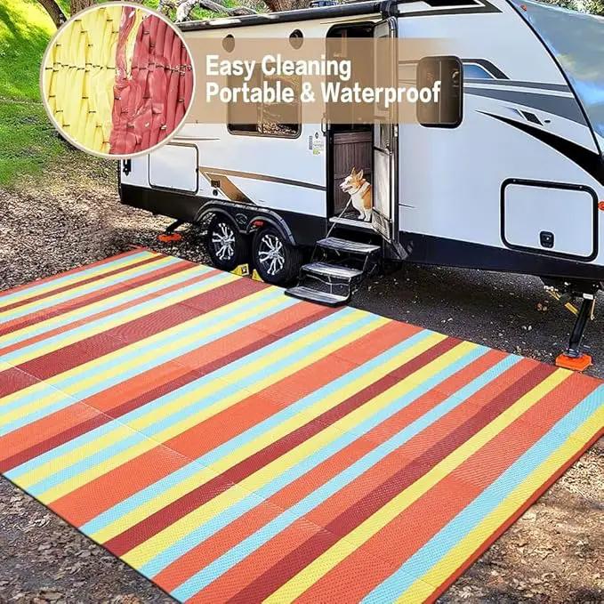 Outdoor Waterproof Rug 9'x12' Plastic Straw Rugs Washable Reversible Floor Mat Rainbow Stripe Carpet for Camping RV Deck Entryance Porch Picnic Balcony Beach Backyard by GreenHaven Gardens