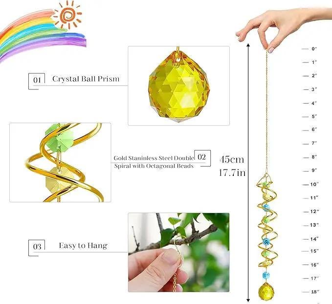 H&D HYALINE & DORA Glass Gazing Ball Spiral Tail Decorative Sun Catcher,17.7in Rainbow Maker Double-Spiral W/Yellow Crystal Ball Prism Sun Catcher for Indoor Outdoor Garden Decoration by GreenHaven Gardens
