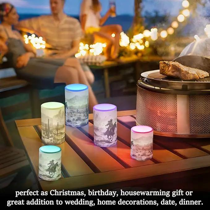 Western Desert Cowboy Flameless Candles with Remote Control and Timer, Adjustable Brightness Long Lasting Battery Operated LED Pillar Candles for Indoor Outdoor Party Home Decor, 2 Pack by GreenHaven Gardens