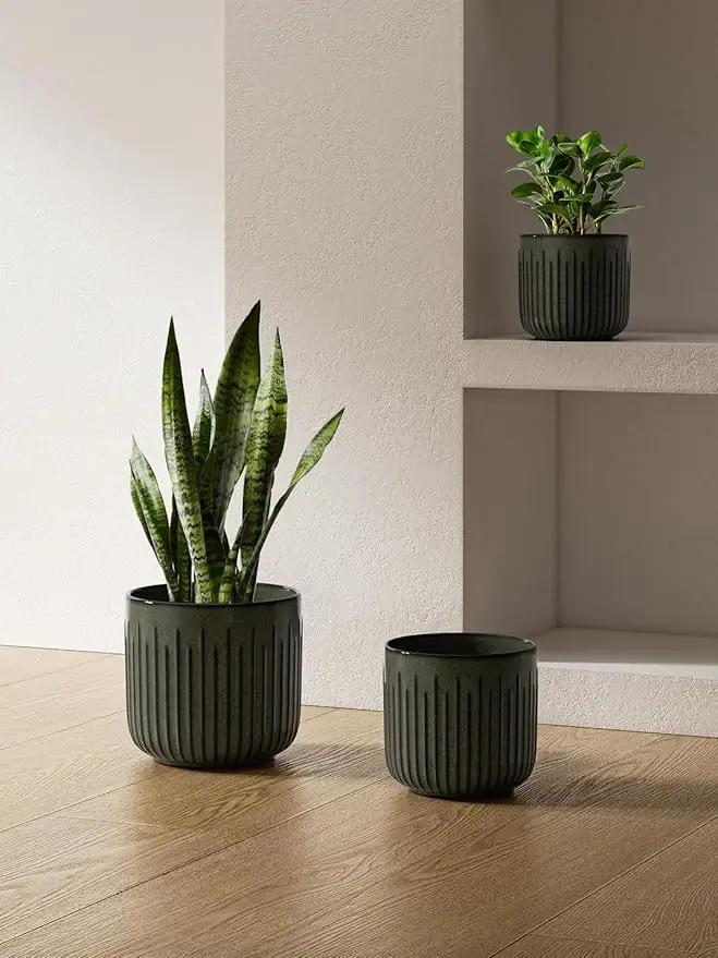 LE TAUCI Ceramic Planters for Indoor Plants, 8.3+6.9+5.7 inch Plant Pots with Drainage Holes, Cylinder Flower Pot for Indoor House Plant, Set of 3, Glaze Dark Olive by GreenHaven Gardens