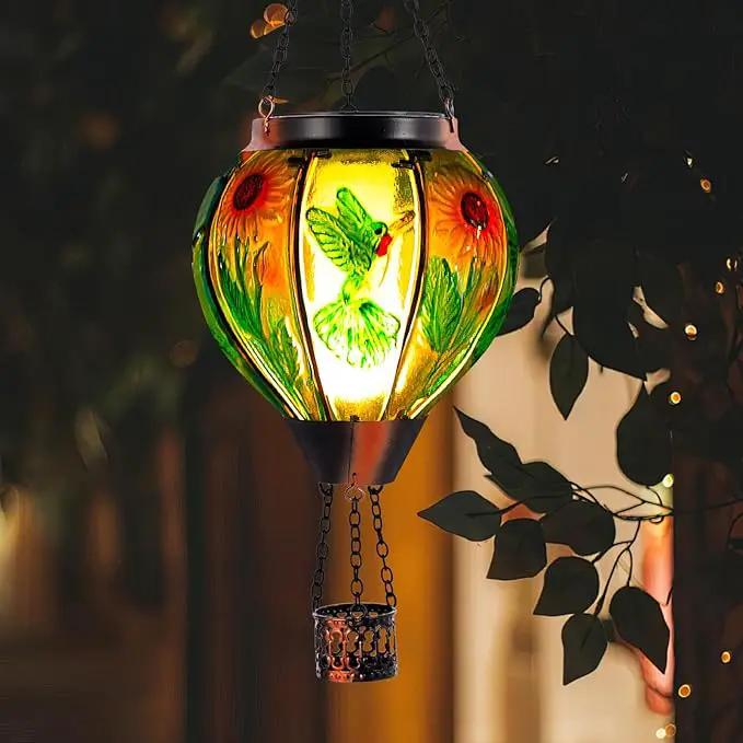 Hummingbird and Sunflower Solar Hot Air Balloon Lantern with Flame, Glass Hot Air Balloon Solar Lantern Outdoor Waterproof, Hanging Solar Lantern for Outside Garden Patio Tree Porch Yard by GreenHaven Gardens