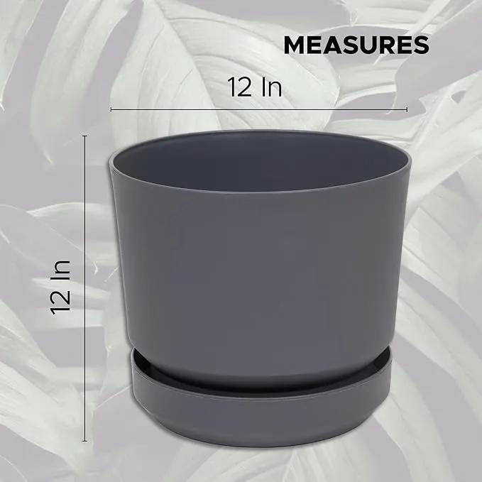 Elly Décor 12 inch Plastic Cylinder Planter Pot with Self-Watering Saucer and Drainage Hole,Lightweight & Extremely Durable, 12"x 12", Gray by GreenHaven Gardens