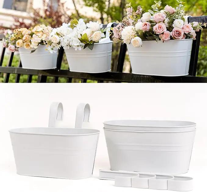 3 Pack Metal Hanging Flower Pots for Railing Fence，Outdoor Balcony Rail Planter with Detachable Hooks Drainage Holes for Deck Garden Home Decor White by GreenHaven Gardens