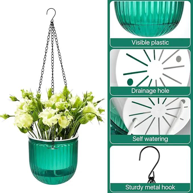4Pcs Self Watering Hanging Planters, 6.5'' 4.5'' Hanging Flower Pots, Plastic Hanging Plant Basket with Drainage Holes, Visible Hanging Planters for Indoor Plants Garden Home(Emerald) by GreenHaven Gardens