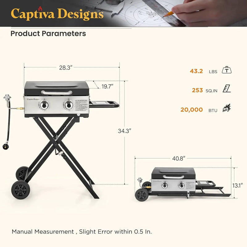 Captiva Designs 17 Inch 2 Burner Portable Propane Gas Griddle Grill with Lid, Outdoor Foldable Flat Top Grill with Stand for Barbecue, Camping and Tailgating by GreenHaven Gardens
