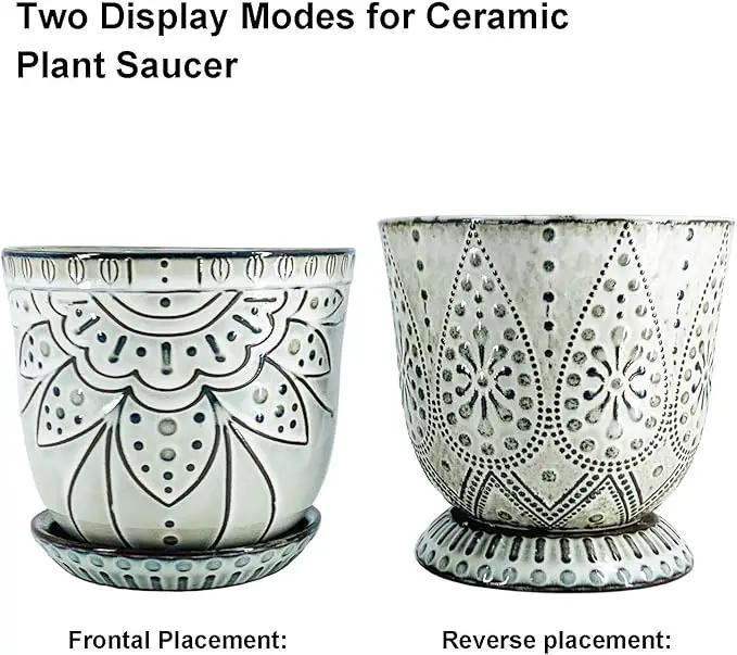 Gepege 6 Inch Beaded Ceramic Planter Set of 2 with Drainage Hole and Saucer for Plants, Indoor-Outdoor Large Round Succulent Orchid Flower Pot (Smoked Gray, Inner-pots not Larger Than 5 Inch) by GreenHaven Gardens