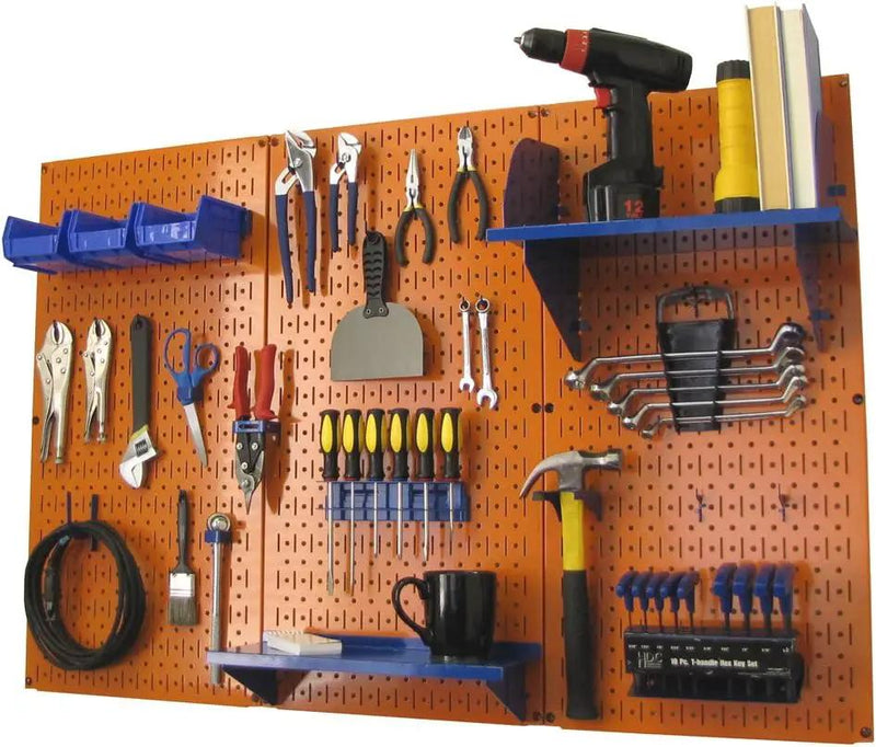 Wall Control Pegboard Organizer 4 ft. Metal Pegboard Standard Tool Storage Kit with Orange Toolboard and Blue Accessories by GreenHaven Gardens