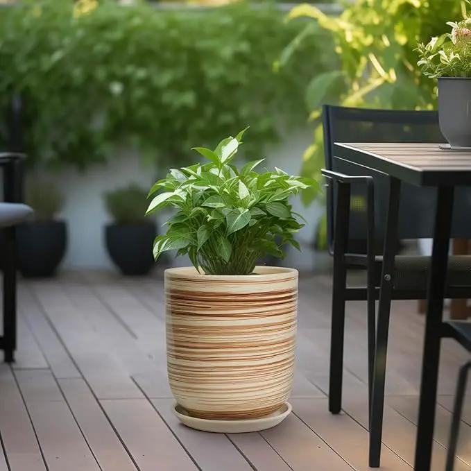 Ceramic Planter 10 Inch - Ceramic Pots for Indoor Plants Outdoor Large Plant Pot with Drainage Hole and Saucer Cylinder Flower Pot Yellow by GreenHaven Gardens