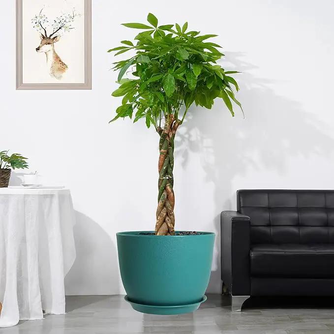12/10/9 Large Modern Plant Pots, Plastic Planters with Drainage Holes and Saucers for Indoor Outdoor Plants Flowers, Malachite Green by GreenHaven Gardens