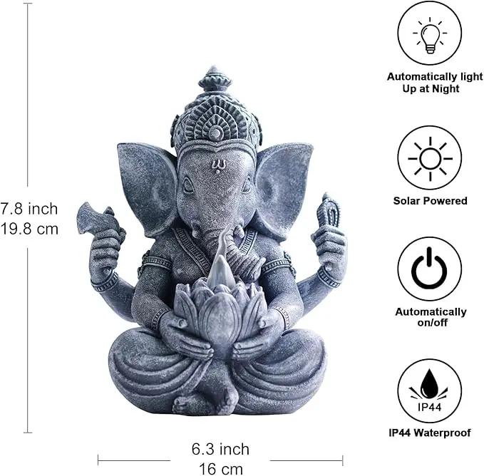 Goodeco Ganesha Statue with Solar Lotus - Hindu Elephant Statue Ganpati Idol Buddha Sculptures, Meditation Yoga Room & Garden Decor, 7.8 inches Tall (Ganesha) by GreenHaven Gardens