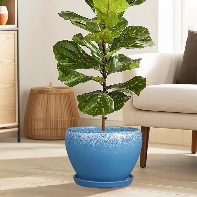 Ceramic Planter Pot 10 Inch - Ceramic Plant Pot for Indoor Outdoor Plants, Large Flower Pot with Drainage Hole and Saucer, Blue by GreenHaven Gardens