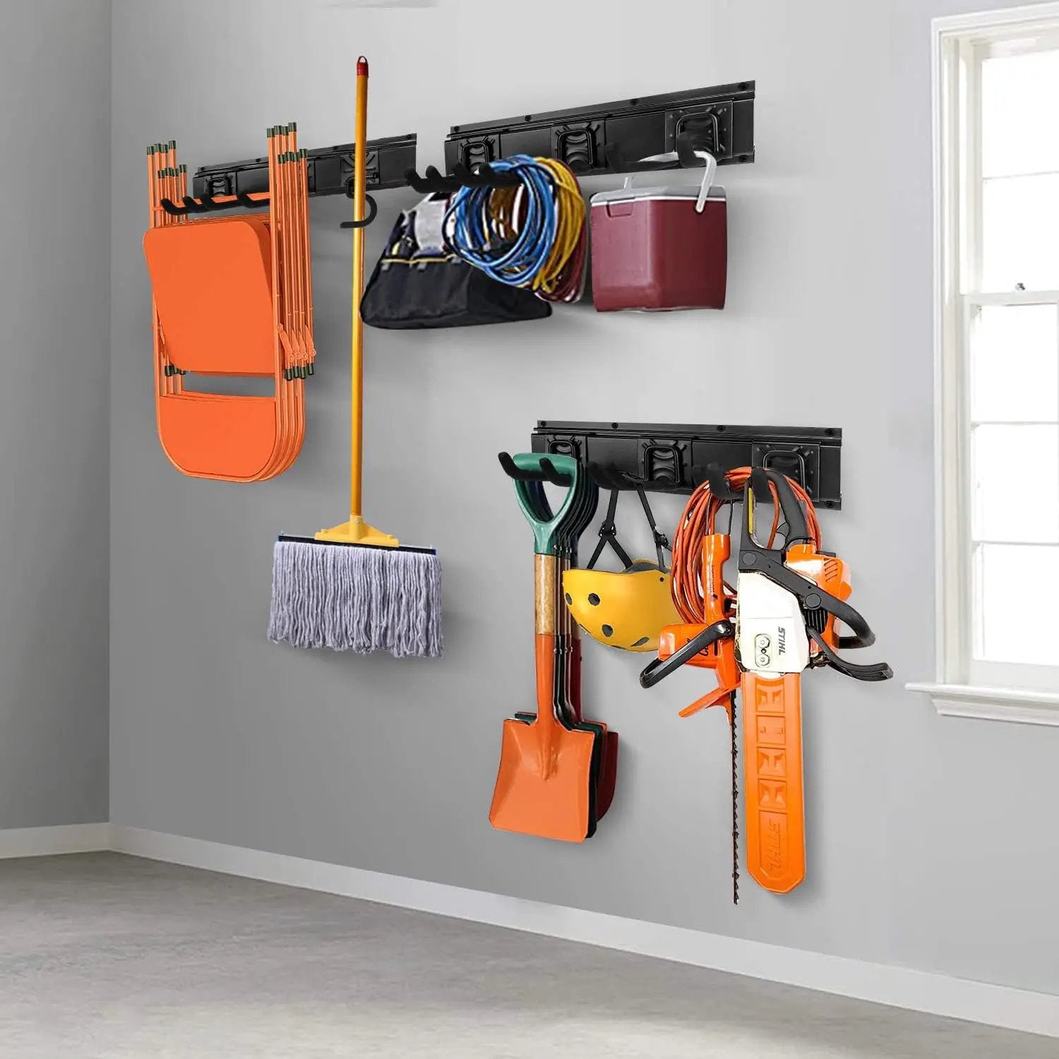 Garden Tool Rack Set, Garage Wall Organization Hanger with 3 Mop Holder and 6 Multi-Purpose Hooks, Garden Yard Shovels Rakes for String Hedge Trimmer Brooms Hoses Folding Chairs ladders, and More by GreenHaven Gardens