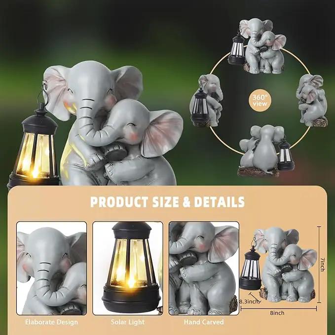 Solar Garden Decor - Mother Baby Elephant Statue with Solar Lantern 7" Resin Elephant Figurines Outdoor Yard Porch Lawn Patio Decor Housewarming Birthday Gift for Mom Grandma Women by GreenHaven Gardens