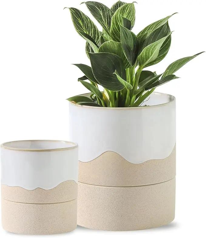 Nihow Self Watering Plant Pot for Indoor Plants: 4.5+6 Inch Ceramic Planter with Drainage Hole & Water Storage Plus - Cylinder Flower Pot with Wick for Herbs -White & Nature by GreenHaven Gardens