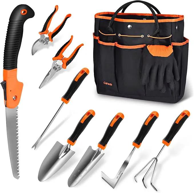 Garden Tools Set, Carsolt 10 Piece Stainless Steel Heavy Duty Gardening Tools Set for Planting Pruning Gardening Kit with Durable Gardening Bag Gloves Gift Box Ideal Garden Gifts for Women Men(Orange) by GreenHaven Gardens