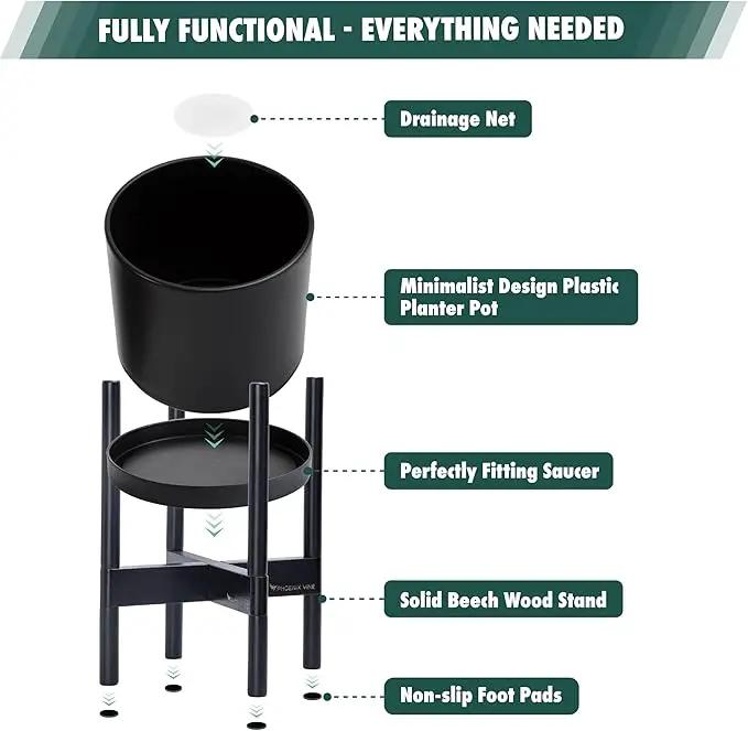 D'vine Dev Planter Pot with Stand - 16 Inch Plastic Cylinder Flower Pot with Wood Planter Holder for Indoor, Matte Black Pot + Ebony Stand, 55-C-Z-2 by GreenHaven Gardens