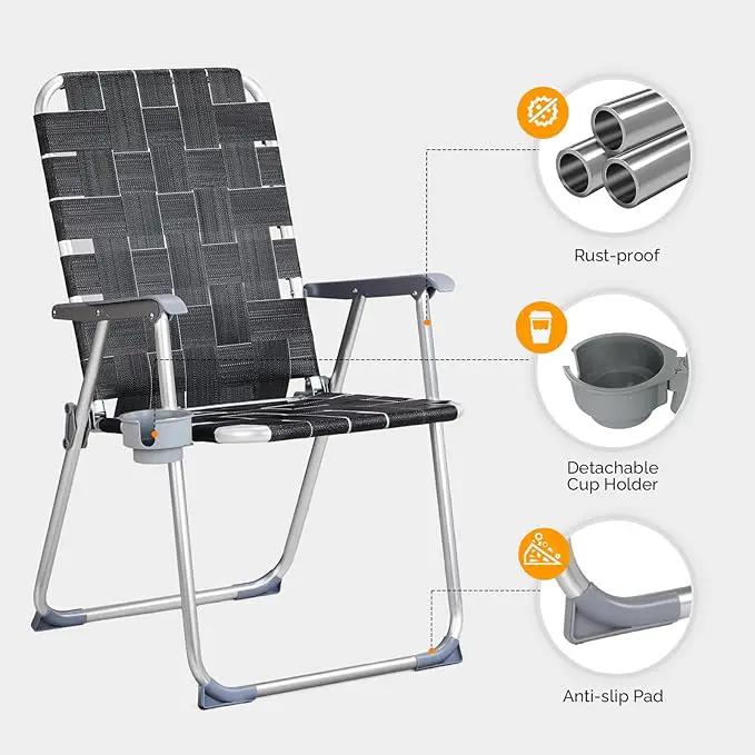 VINGLI Aluminum Patio Lawn Chairs Folding Set of 2 with Detachable Cup Holder, Webbed Beach Chair Folding Chair Outdoor Portable Camping Chair for Yard, Garden by GreenHaven Gardens