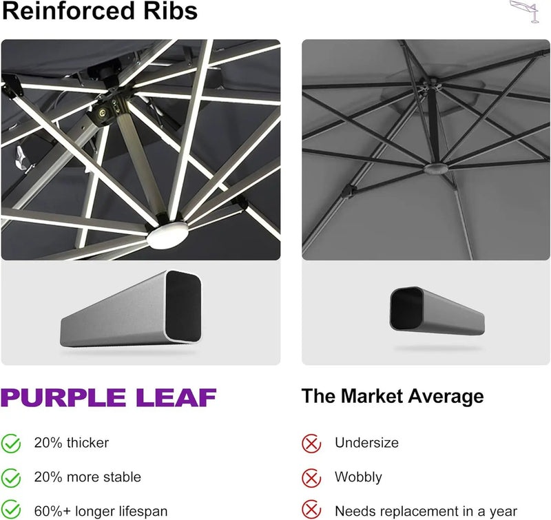 PURPLE LEAF 12ft Solar powered LED Patio Umbrella Outdoor Round Umbrella Large Cantilever Umbrellas with LED lights Windproof Offset Umbrellas Heavy Duty Sun Umbrella for Garden Deck Pool Patio, Grey by GreenHaven Gardens