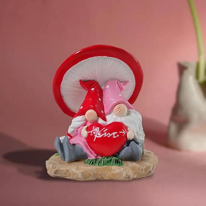 Garden Pink Tiny Gnome Couple Statue with Red Heart Mushroom Funny Outdoor Resin Figurines Home Decorations Valentine’s Day Housewarming Ornament Gift by GreenHaven Gardens