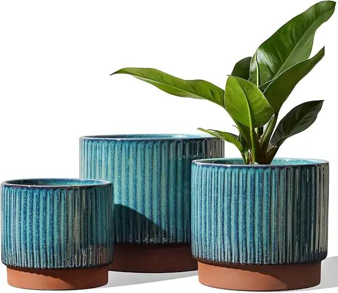 LE TAUCI Ceramic Plant Pots with Drainage Holes, Set of 3, 8+6.7+5.5 Inch Stripe Garden Planter Pots for Outdoor Indoor Plants Flower, Round Succulent Orchid Flower Pot, Reactive Glaze Black by GreenHaven Gardens