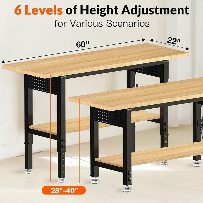 60“ Adjustable Height Workbench Work Bench for Garage Work Table with Under Table Shelf Heavy Duty Rubber Wood Top for Shop Woodworking, Office, Home, Commercial by GreenHaven Gardens