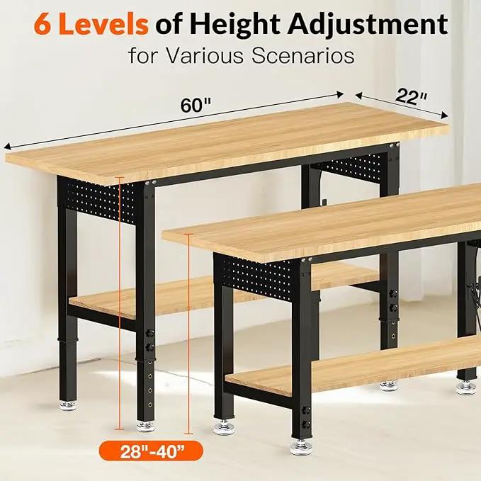 Adjustable Height Workbench, Heavy Duty Table Rubber Wood Workstation with Power Outlet & Pegboard for Garage, Office, Workshop, Home,Commercial (60"×22"|Shelf) by GreenHaven Gardens