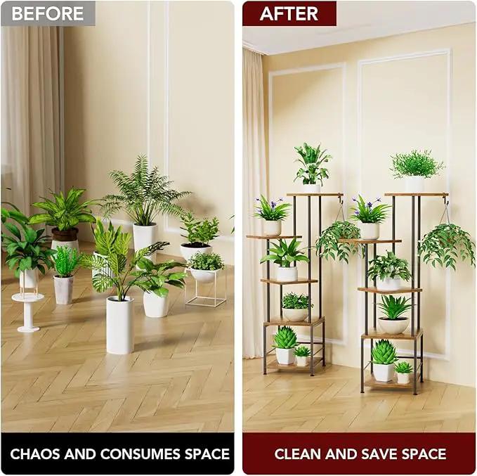 Plant Stand Indoor with Grow Light, 5-Tiered Tall Plant Stand Indoor, Metal Plant Shelf with Hanging Basket Hook and Adjustable Light, Ideal for Living Room, Garden, Patio,Brown and Black（2 pcs ） by GreenHaven Gardens