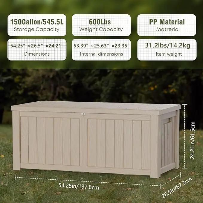 Heavy-Duty 150 Gallon Waterproof Deck Storage Boxes for Outdoor - Patio Deck Box & Pool Storage Organizer, Lockable Resin Chest for Cushions & Tools, UV-Resistant, Slate Grey by GreenHaven Gardens