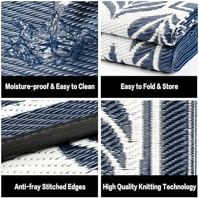 Outdoor Plastic Straw Rug, Waterproof Mat, Washable Large Floor Mat and Rug for Outdoors, RV, Beach, Patio, Camping, Backyard, Deck, Picnic, Outside (5x8ft,Olive-Leaf/Dark Blue&White) by GreenHaven Gardens