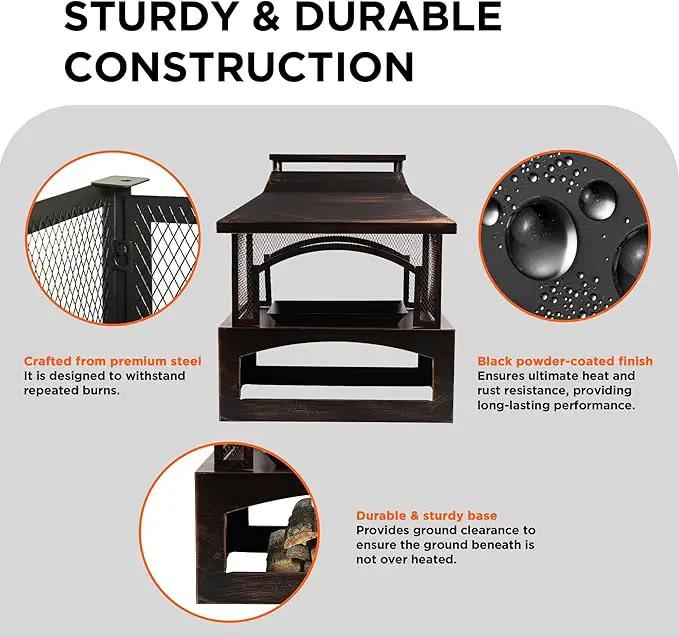 Bestier 37" Fire Pits, Wood Burning Fireplace for Outside Rectangular Chiminea Outdoor Firepits with Poker, Wood Storage, Rain Cover and Removable Fire Grill for Patio, Garden, Backyard, Camping by GreenHaven Gardens