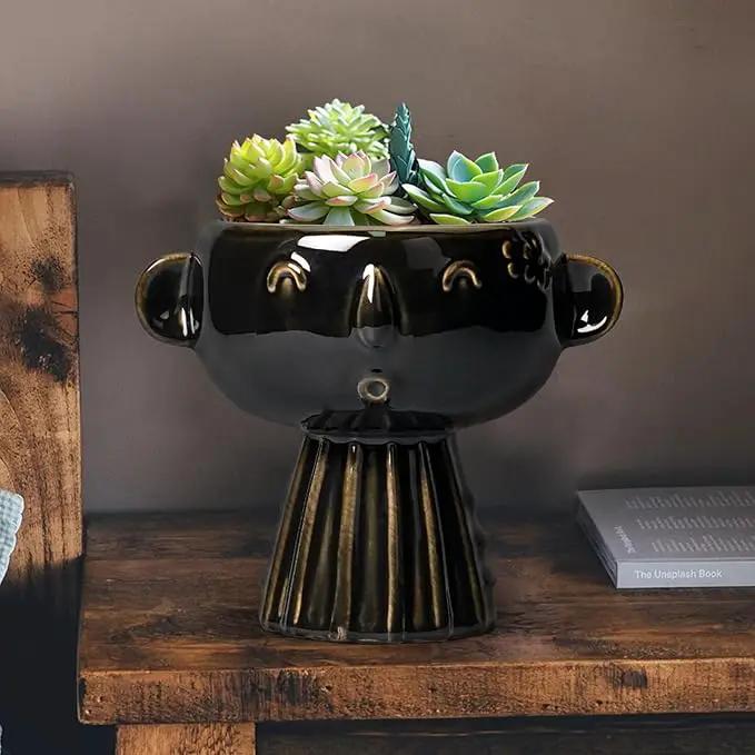 Head Planter 7 Inch - Ceramic Face Planters with Drainage Hole, Funny Succulent Pots for Indoor Outdoor, Cute Decorative Plant Pot, Desk Office Room Home Decor, Black by GreenHaven Gardens