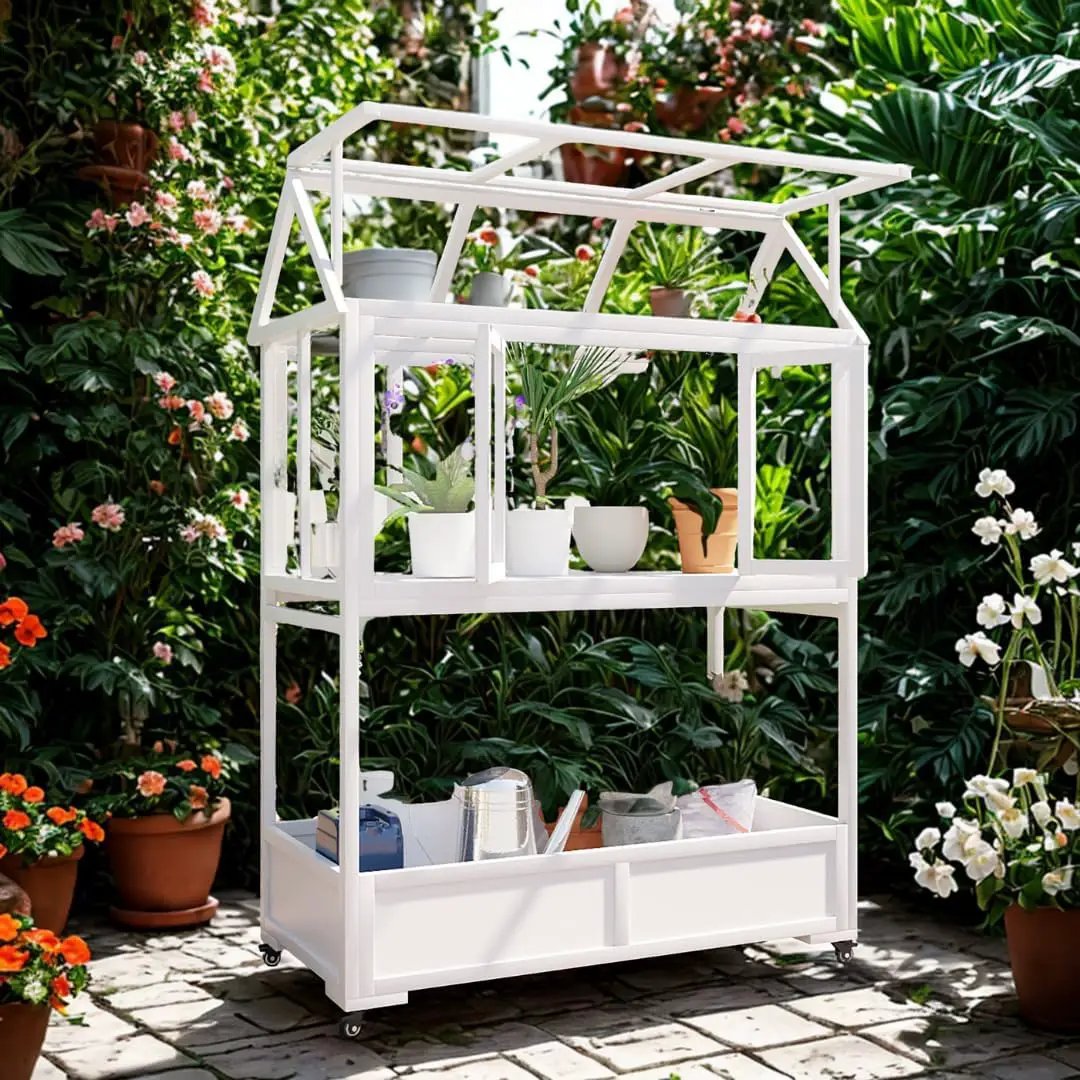 Portable Wooden Cold Frame Greenhouse with Wheels - 47" Mini Greenhouse with Adjustable Roof, Storage Box & Polycarbonate Panels - Plant Protector for Seedlings, Herbs & Winter Gardening (White) by GreenHaven Gardens
