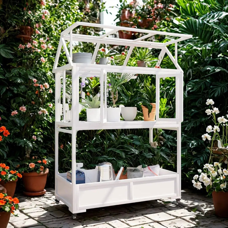 Portable Wooden Cold Frame Greenhouse with Wheels - 47" Mini Greenhouse with Adjustable Roof, Storage Box & Polycarbonate Panels - Plant Protector for Seedlings, Herbs & Winter Gardening (White) by GreenHaven Gardens