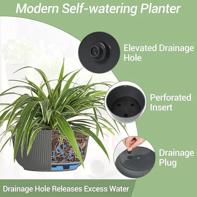 T4U 12 Inch Large Hanging Planters for Outdoor Plants, 2 Pack Self Watering Hanging Pots Indoor, Hanging Baskets for Plants,Hanging Flower Pot with Drainage Hole and Plant Hanger, Grey by GreenHaven Gardens