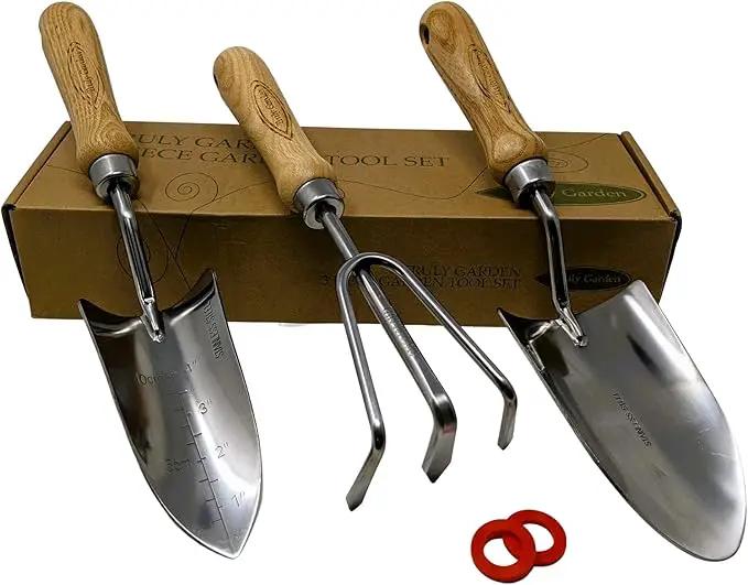 Classic 3-Piece Garden Tool Set - Durable Stainless Steel with Wood Handles. Trowel, Rake & Transplanter for Easy Digging, Weeding & Planting - by Truly Garden by GreenHaven Gardens