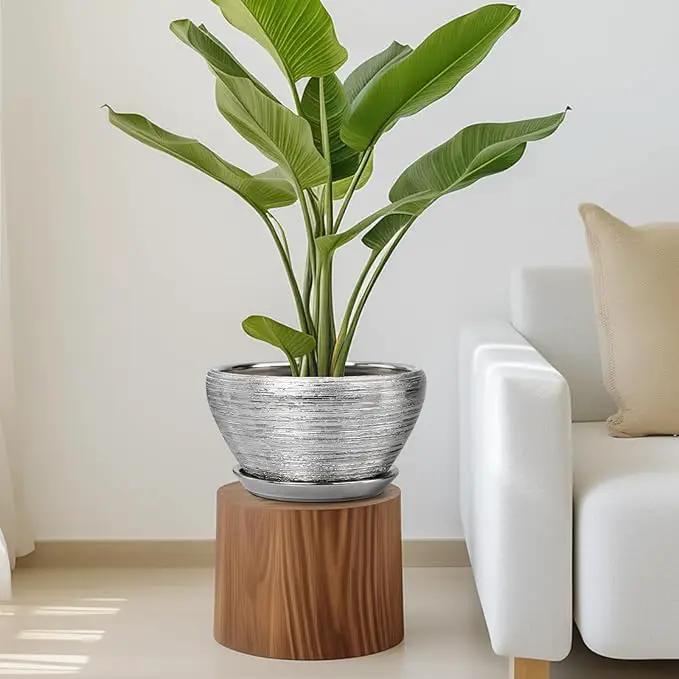 Flower Pot for Indoor Plants - Ceramic Planter 11 Inch Plant Pot with Drainage Hole and Saucer Large Decorative Planter Outdoor Mid-Century Planter for House Decor Silver by GreenHaven Gardens