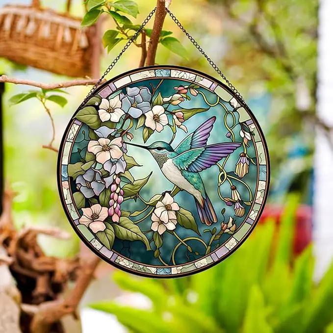Hummingbirds and Flowers Pattern Stained Glass Suncatchers for Windows,Hanging Stained Glass Suncatcher,20cm/7.87inch Hand-Painted Sun Catcher Garden Painted Glass Panel Decor Themed Gift by GreenHaven Gardens