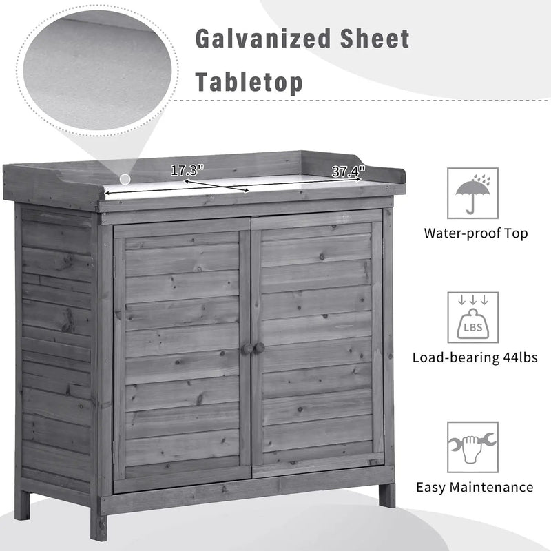 Merax Outdoor 39" Potting Bench Table, Rustic Garden Wood Workstation, Storage Cabinet with 2-Tier Shelves and Side Hook, Grey by GreenHaven Gardens