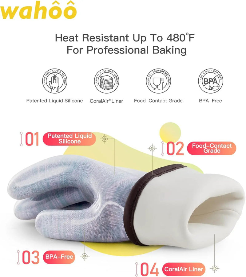 wahoo Professional Liquid Silicone Oven Mitts Gloves, Heat Resistant Gloves for Cooking, Baking, CoralAir Liner, 12 Inch, Purple, X-Large by GreenHaven Gardens