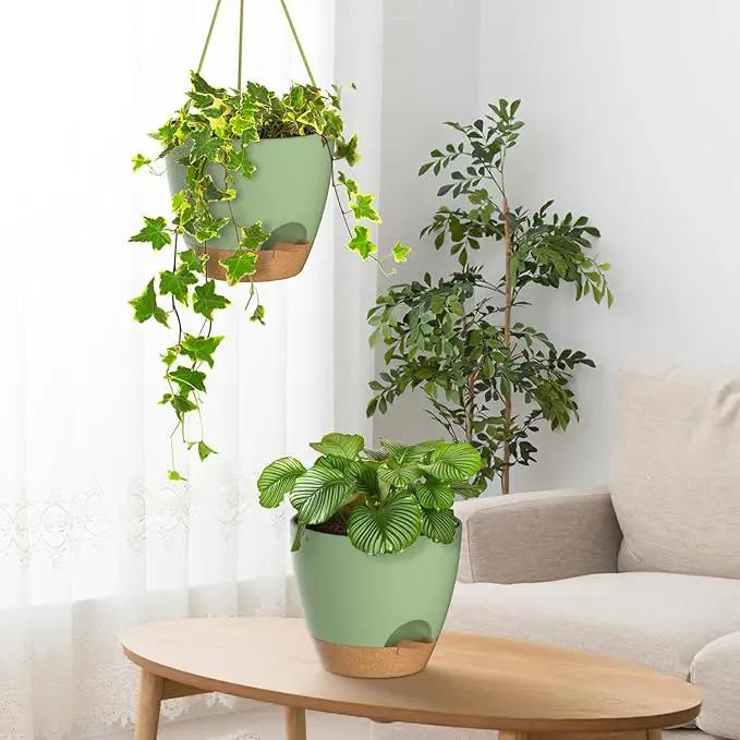ZMTECH 10 Inch Hanging Planters for Indoor Outdoor Plants, 2 Pack Self Watering Hanging Plant Pots with Drainage Holes and Removable Saucer, Plastic Flower Hanging Pots with Watering Lip (Green) by GreenHaven Gardens
