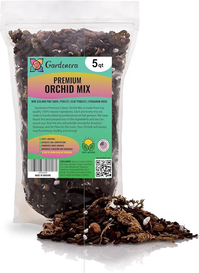 Organic Premium Orchid Soil Mix by Gardenera - Hand Mixed Classic Sphagnum Moss Potting Soil Mix - for Phalaenopsis Orchid - 5 Quart - Made in USA by GreenHaven Gardens