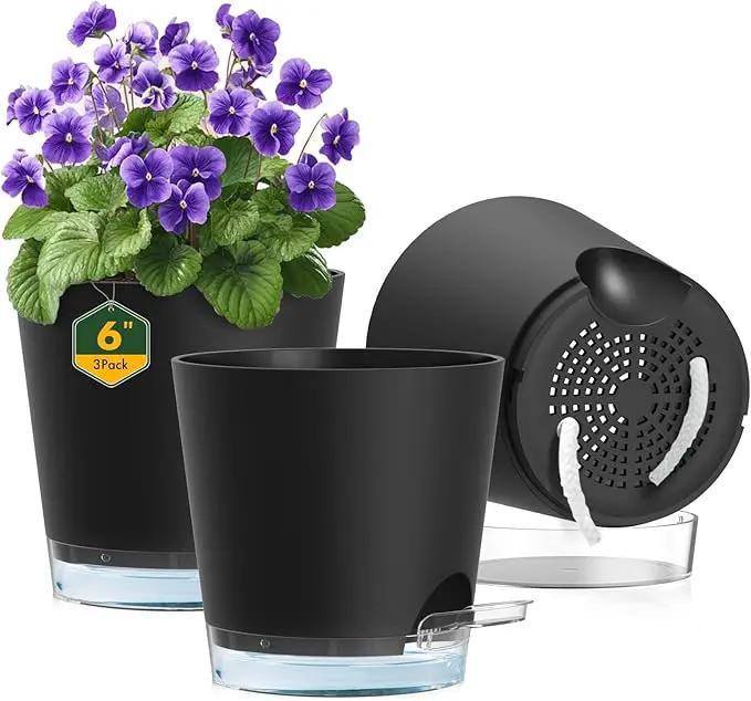 6 inch Self Watering Pots for Indoor Outdoor Plants, 3 Pack Flower Plant Pots with Drainage Holes and Clear Reservoirs, Visible Water Level, Plastic Planters with Wicking Rope, Black by GreenHaven Gardens